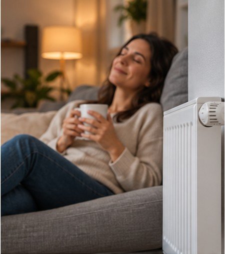 Cliente profitant du confort de son chauffage réparé par Service Chauffage