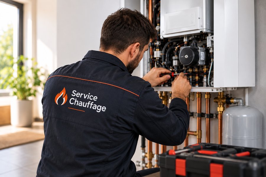 Technicien Service Chauffage réparant une chaudière en urgence