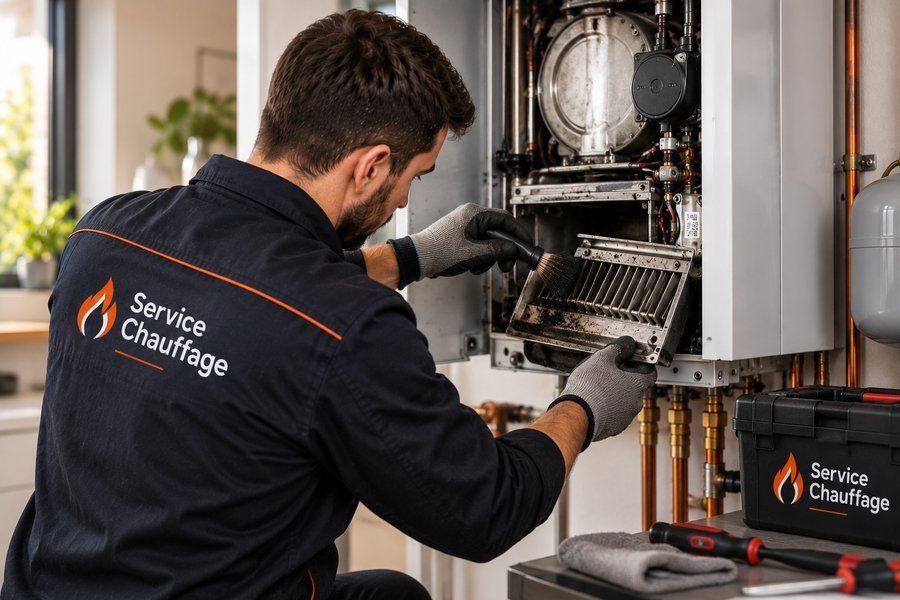 Technicien Service Chauffage nettoyant le brûleur d'une chaudière