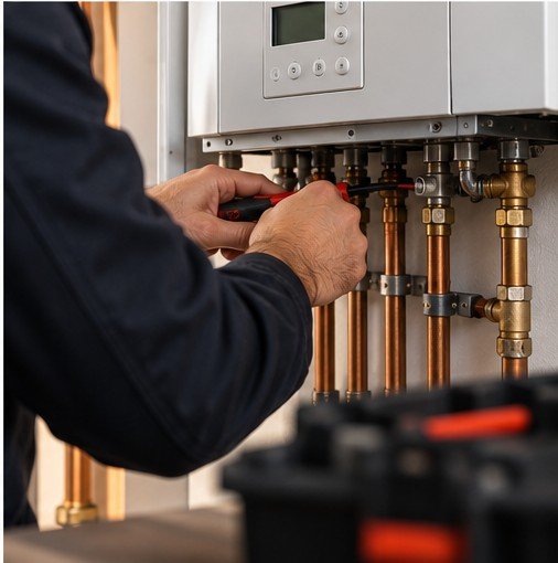 Technicien Service Chauffage réglant une chaudière avec précision